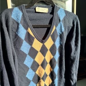 Vintage ChristianDior Men's V-Neck Sweater - Dark Blue with Light Blue & Yellow